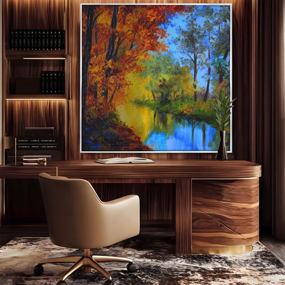 Tablou canvas cu pictura in ulei cu padure toamna si lac, in rama de aluminiu argintiu, pe perete intr-un birou